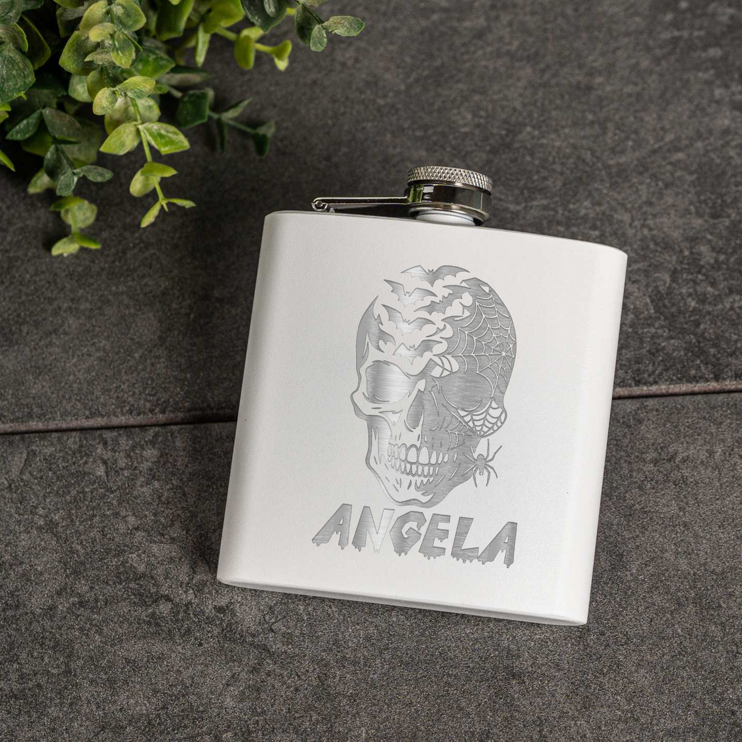 6oz Powder Coated Flask with Skull and Spider Design