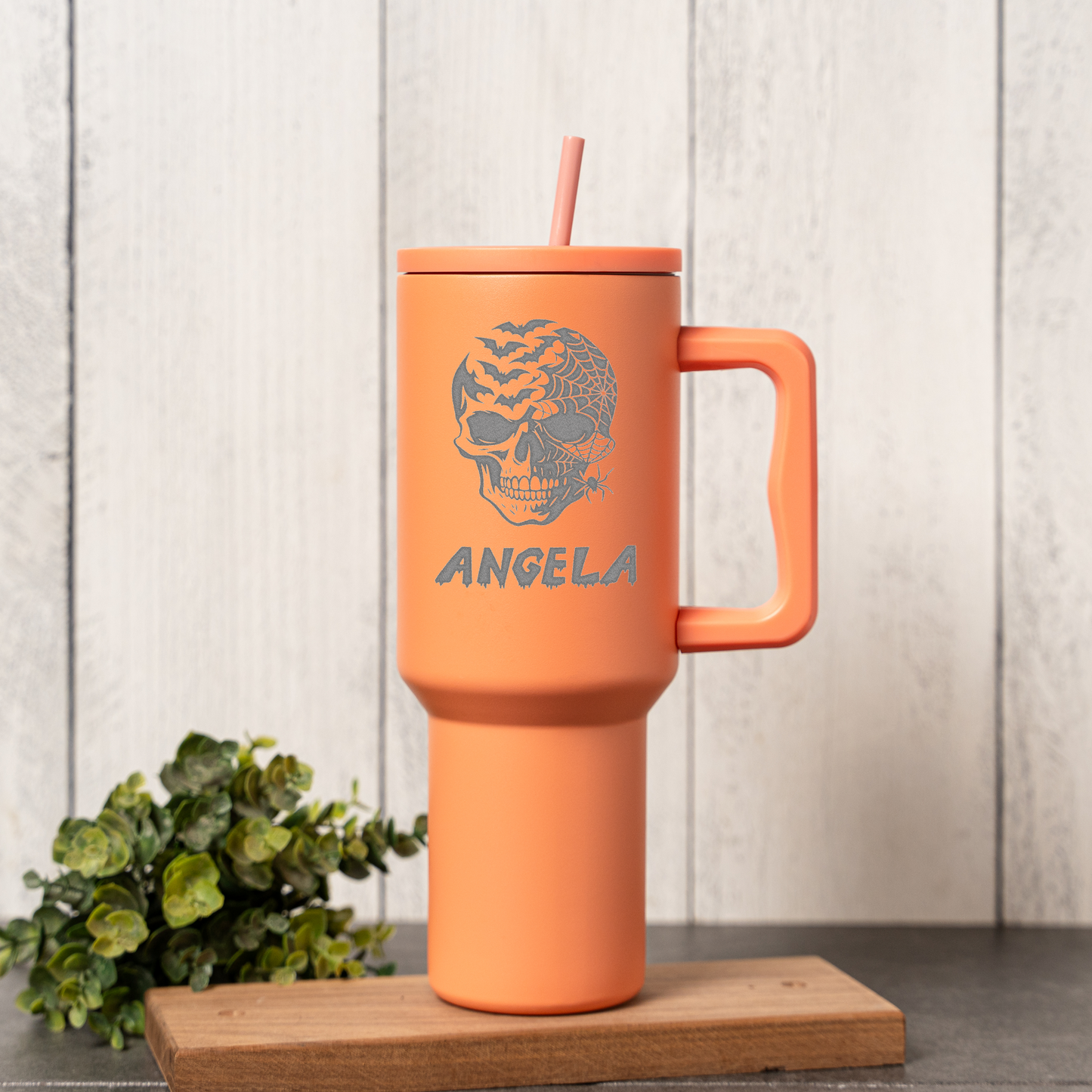 40oz Personalized Tumbler, Halloween Skull Design, Stainless Steel, Custom Name
