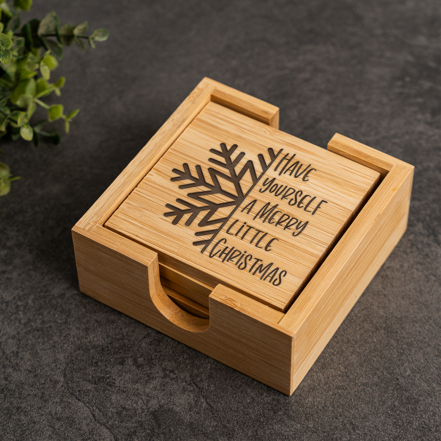 'Have Yourself a Merry Little Christmas' Bamboo Coaster Set With Holder