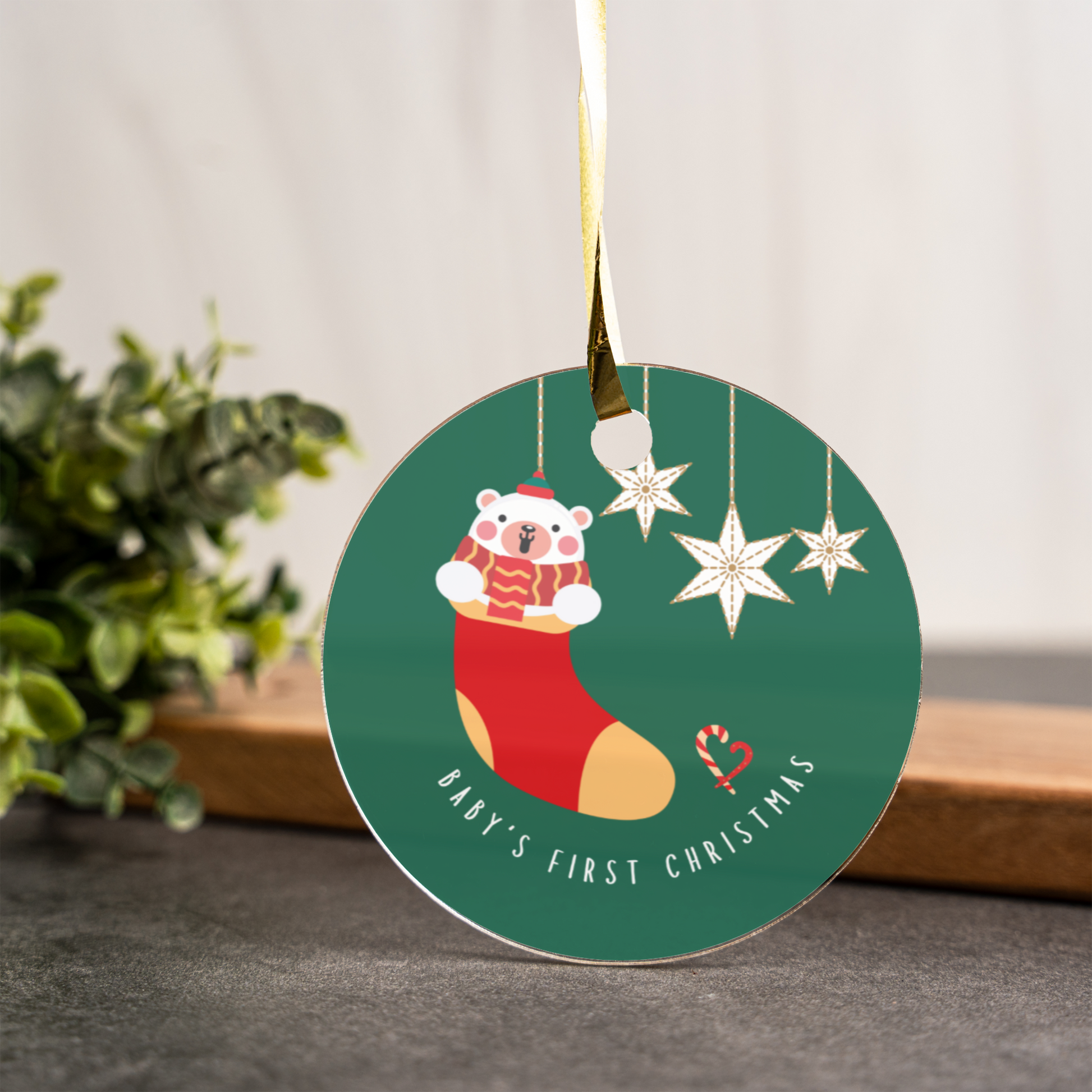 Baby's First Christmas Acrylic Ornament, Cute Bear Stocking Design, Holiday Keepsake