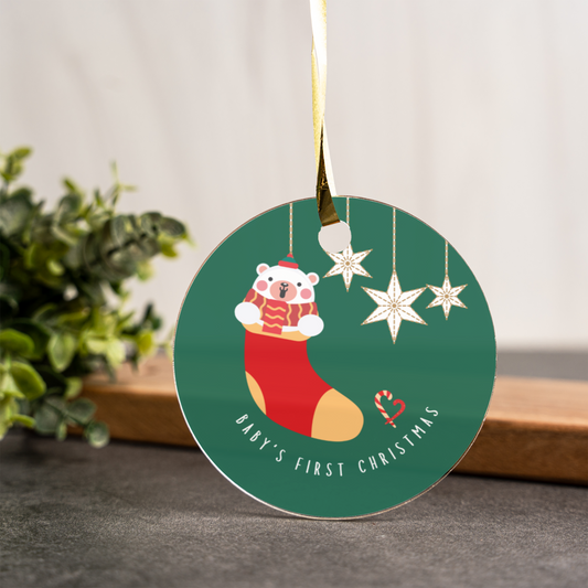 Baby's First Christmas Acrylic Ornament, Cute Bear Stocking Design, Holiday Keepsake