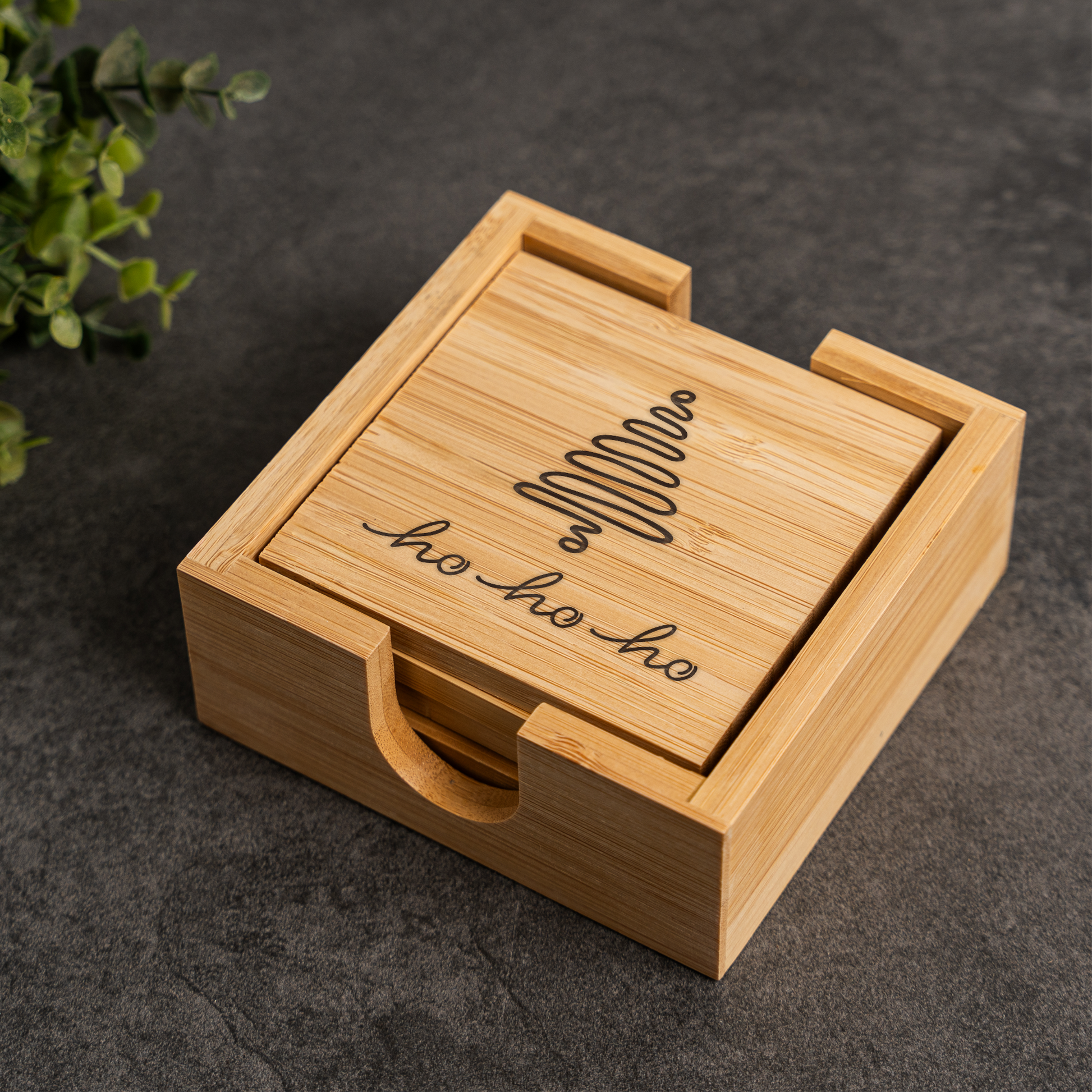 Christmas Tree Bamboo Coaster Set With Holder