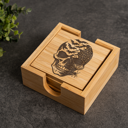 Bamboo Coaster Set With Holder - Skull and Spider Design