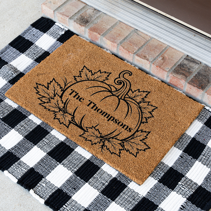 Personalized Pumpkin Doormat, Custom Family Name Fall Doormat, Autumn Welcome Mat, Thanksgiving Porch Decor, Housewarming Gift