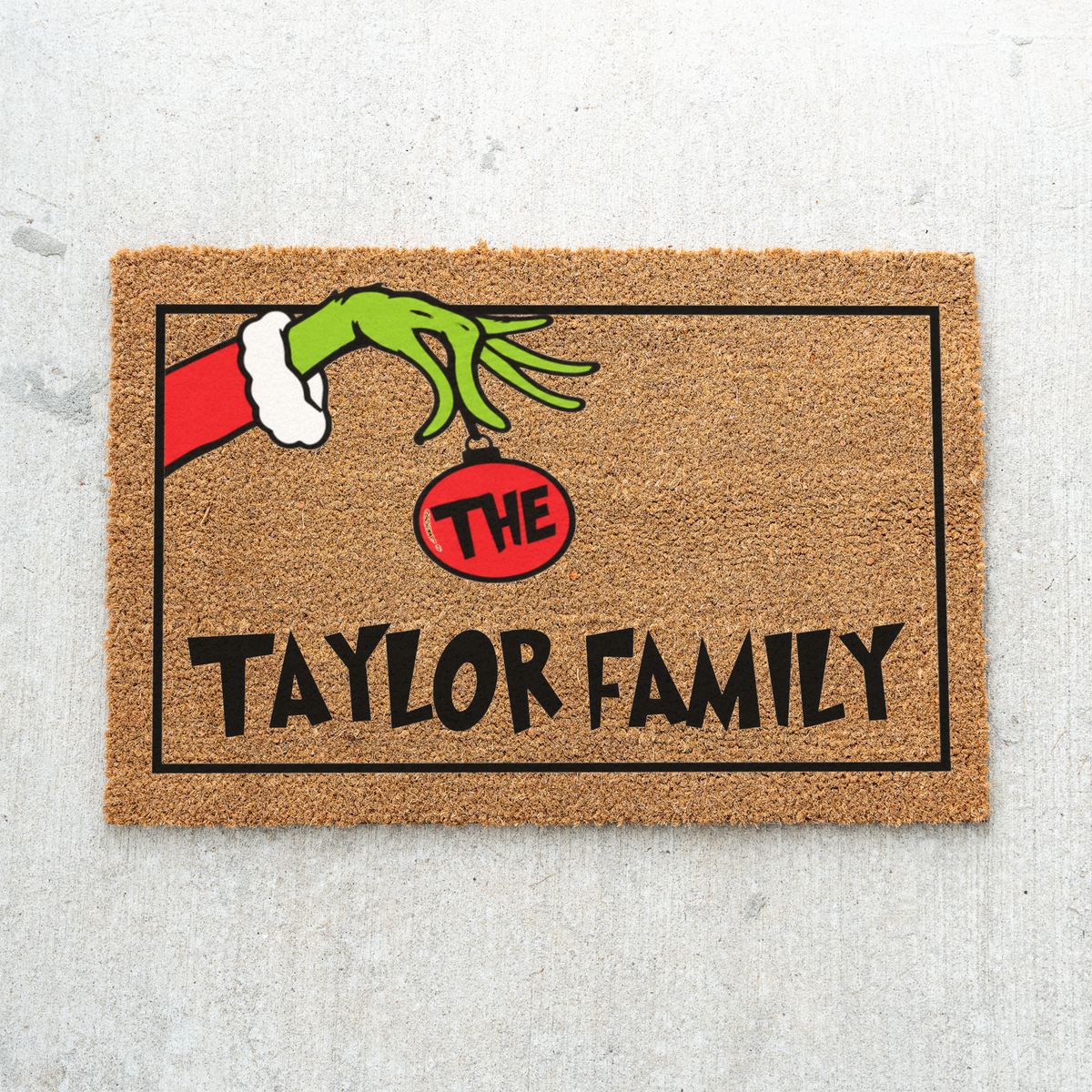 Personalized Grinch Christmas Doormat, Custom Family Name Holiday Welcome Mat, Funny Christmas Door Mat, Grinch Hand Ornament Porch Decor