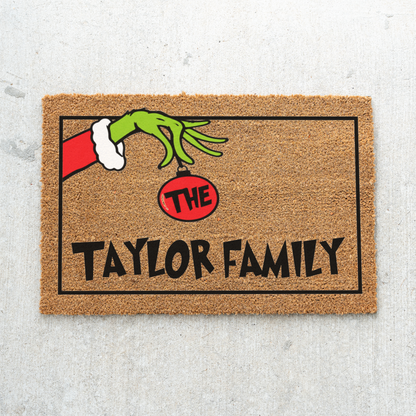 Personalized Grinch Christmas Doormat, Custom Family Name Holiday Welcome Mat, Funny Christmas Door Mat, Grinch Hand Ornament Porch Decor