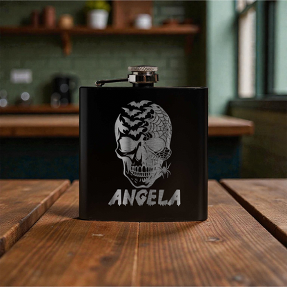 6oz Powder Coated Flask with Skull and Spider Design