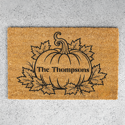 Personalized Pumpkin Doormat, Custom Family Name Fall Doormat, Autumn Welcome Mat, Thanksgiving Porch Decor, Housewarming Gift