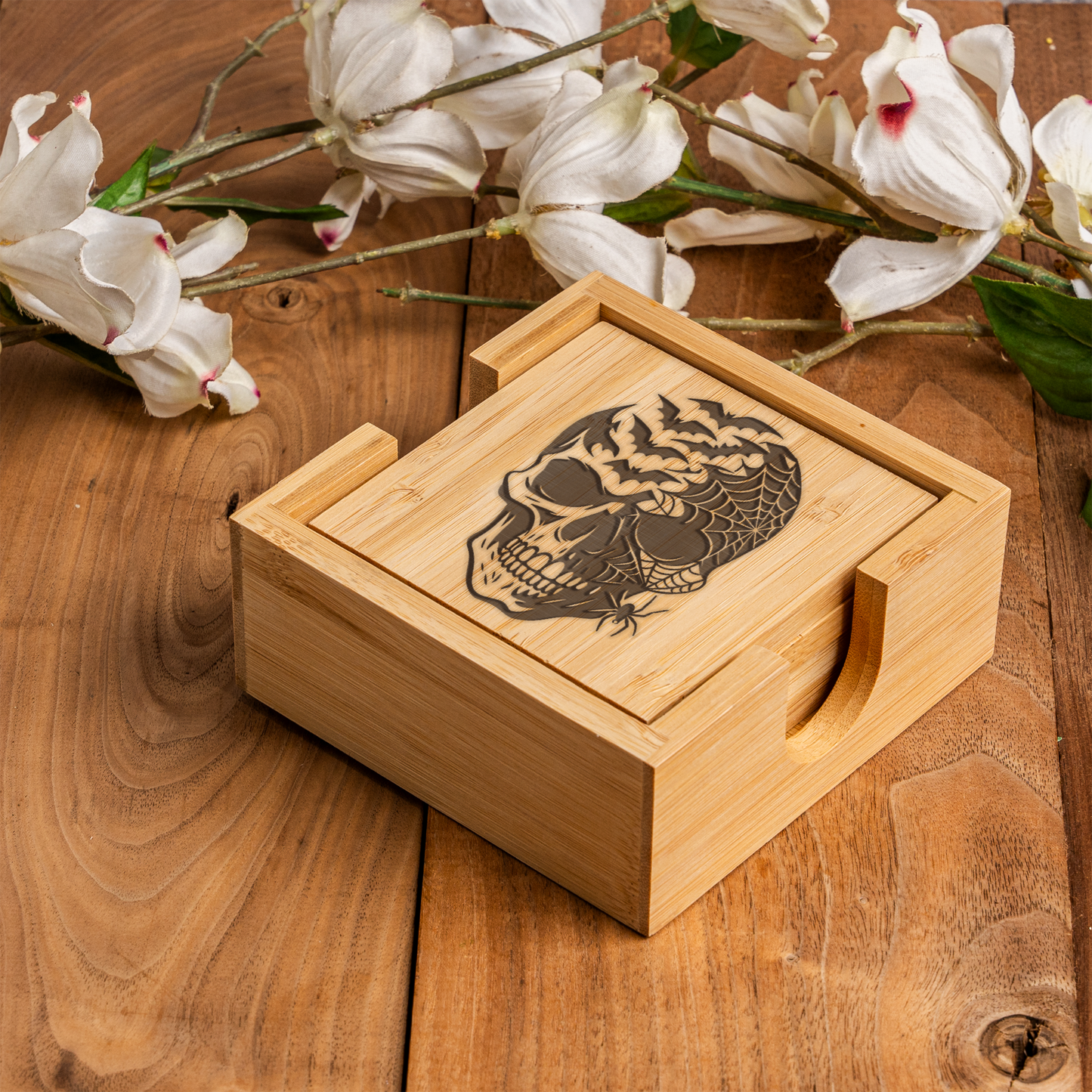 Bamboo Coaster Set With Holder - Skull and Spider Design