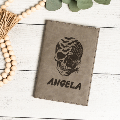 Personalized Leather Journal with Skull Design, Custom Name Notebook, Gothic Gift
