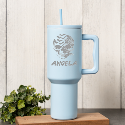 40oz Personalized Tumbler, Halloween Skull Design, Stainless Steel, Custom Name