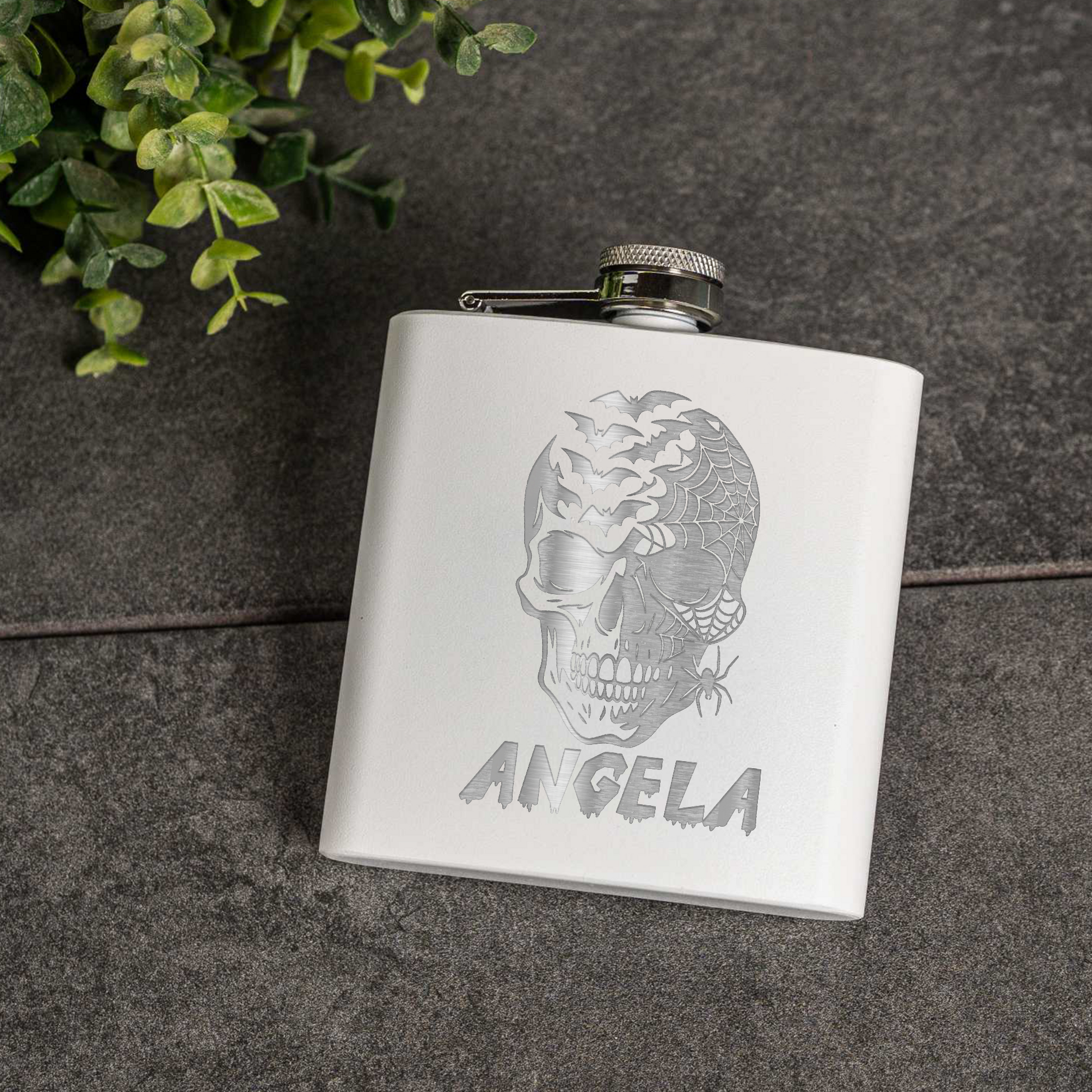 6oz Powder Coated Flask with Skull and Spider Design