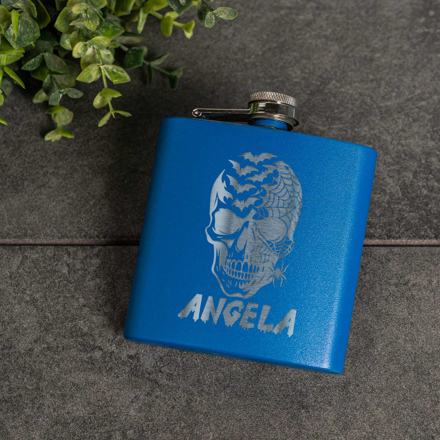 6oz Powder Coated Flask with Skull and Spider Design
