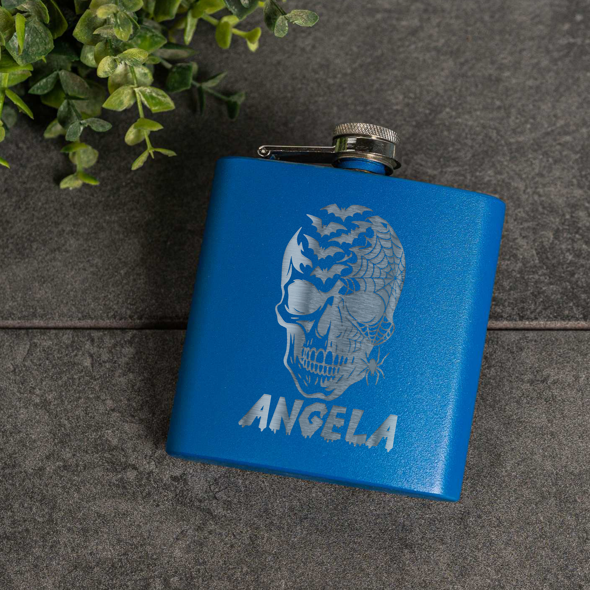 6oz Powder Coated Flask with Skull and Spider Design