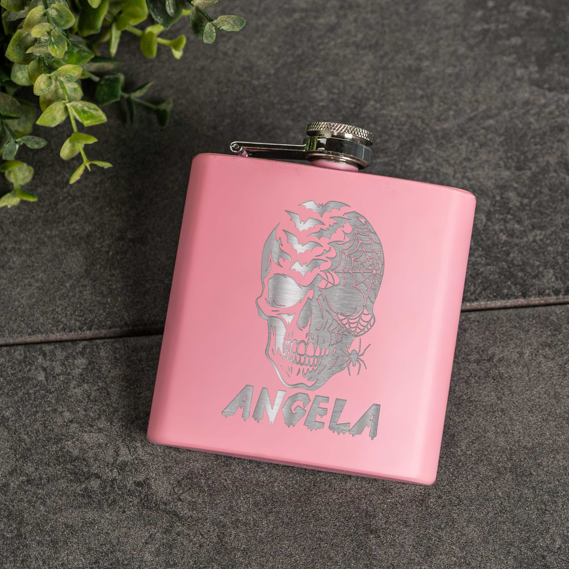 6oz Powder Coated Flask with Skull and Spider Design