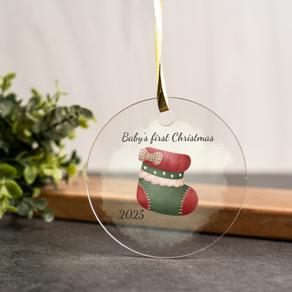 Baby's First Christmas Acrylic Ornament, Personalized Holiday Keepsake, 2025 Christmas Stocking Design