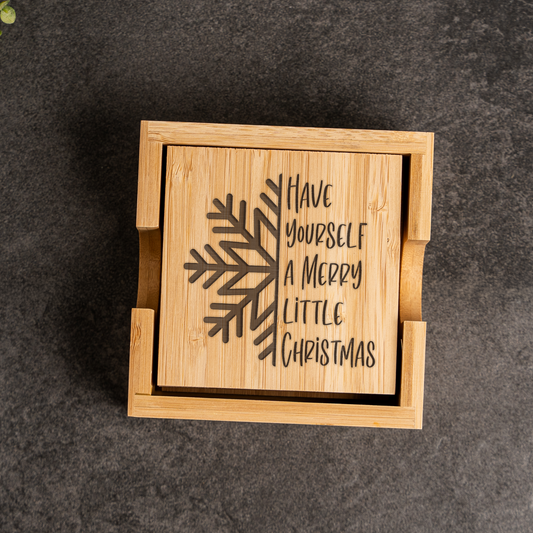 'Have Yourself a Merry Little Christmas' Bamboo Coaster Set With Holder