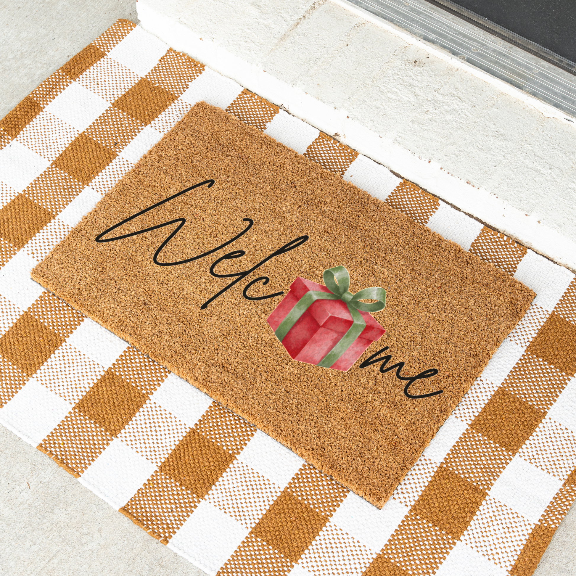 Christmas Doormat, Welcome Mat with Red Gift Design, Holiday Home Decor, Indoor Outdoor Use