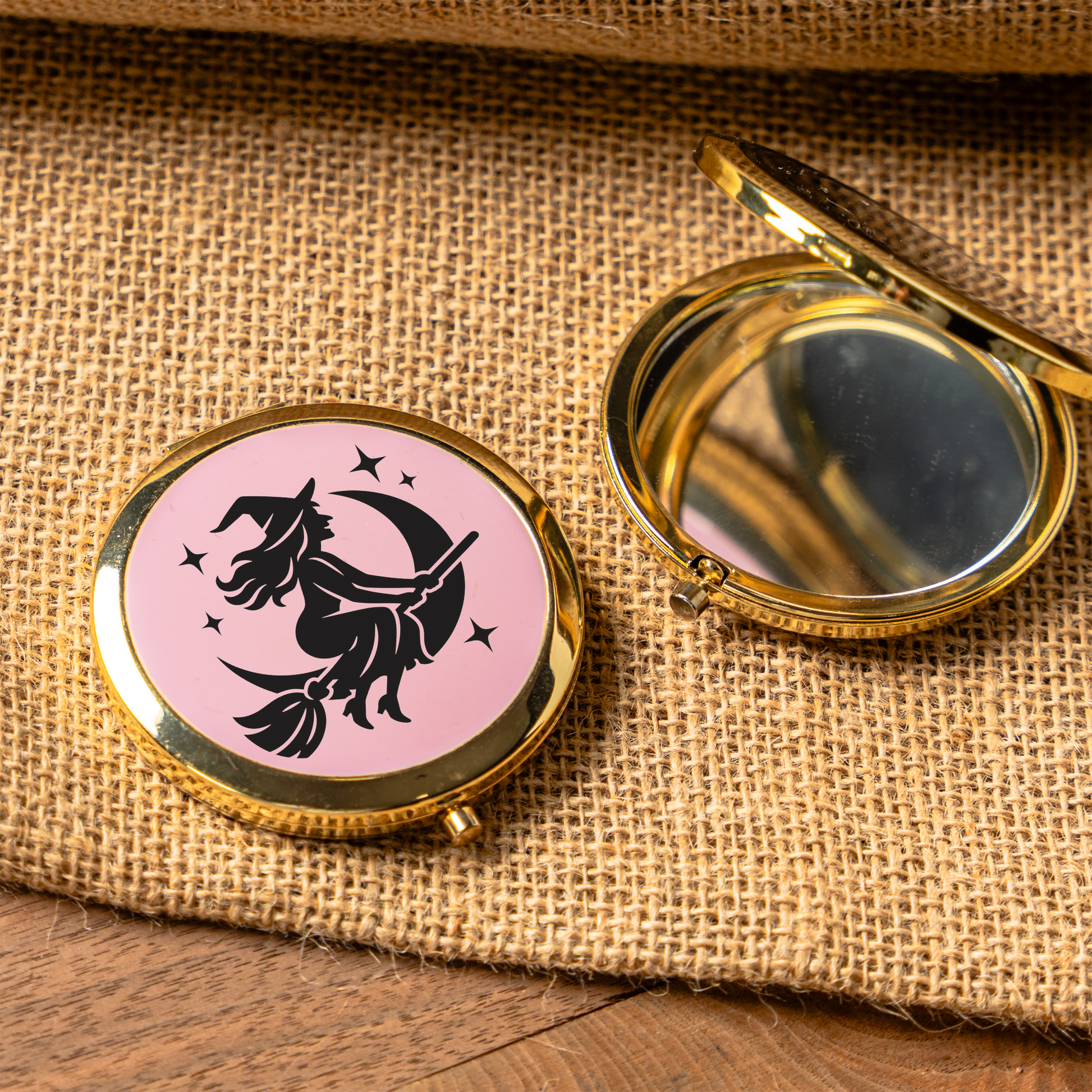 Pink Witch Compact Mirror | Cute Halloween Pocket Mirror | Witch Makeup Mirror | Spooky Cosmetic Mirror | Halloween Gift for Women