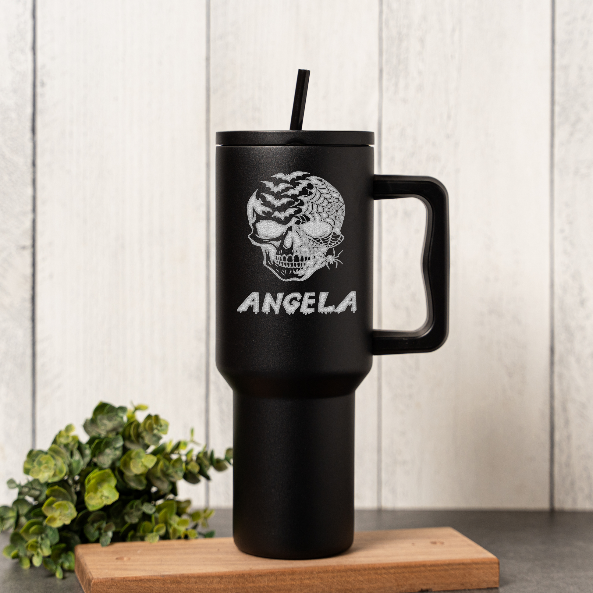 40oz Personalized Tumbler, Halloween Skull Design, Stainless Steel, Custom Name