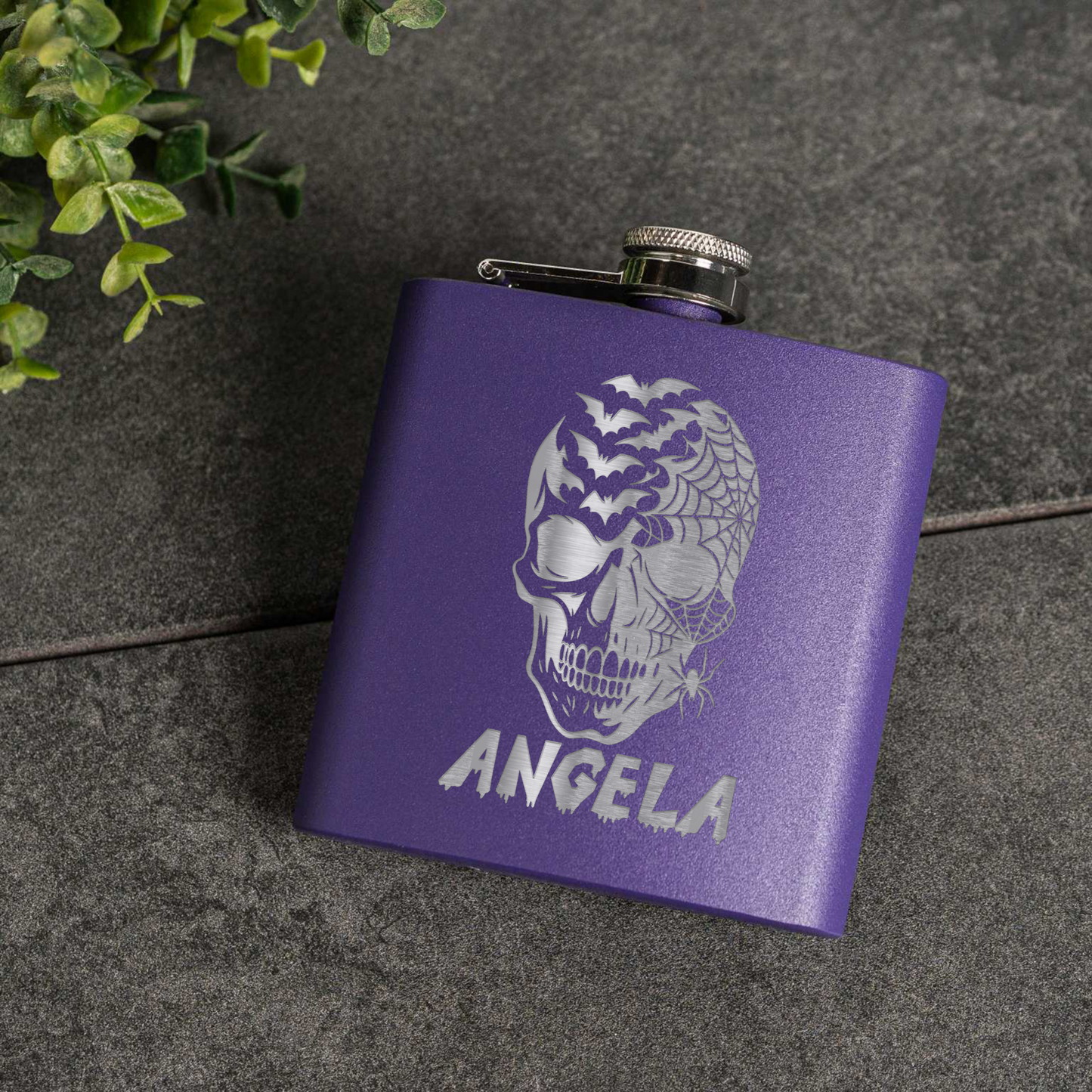 6oz Powder Coated Flask with Skull and Spider Design
