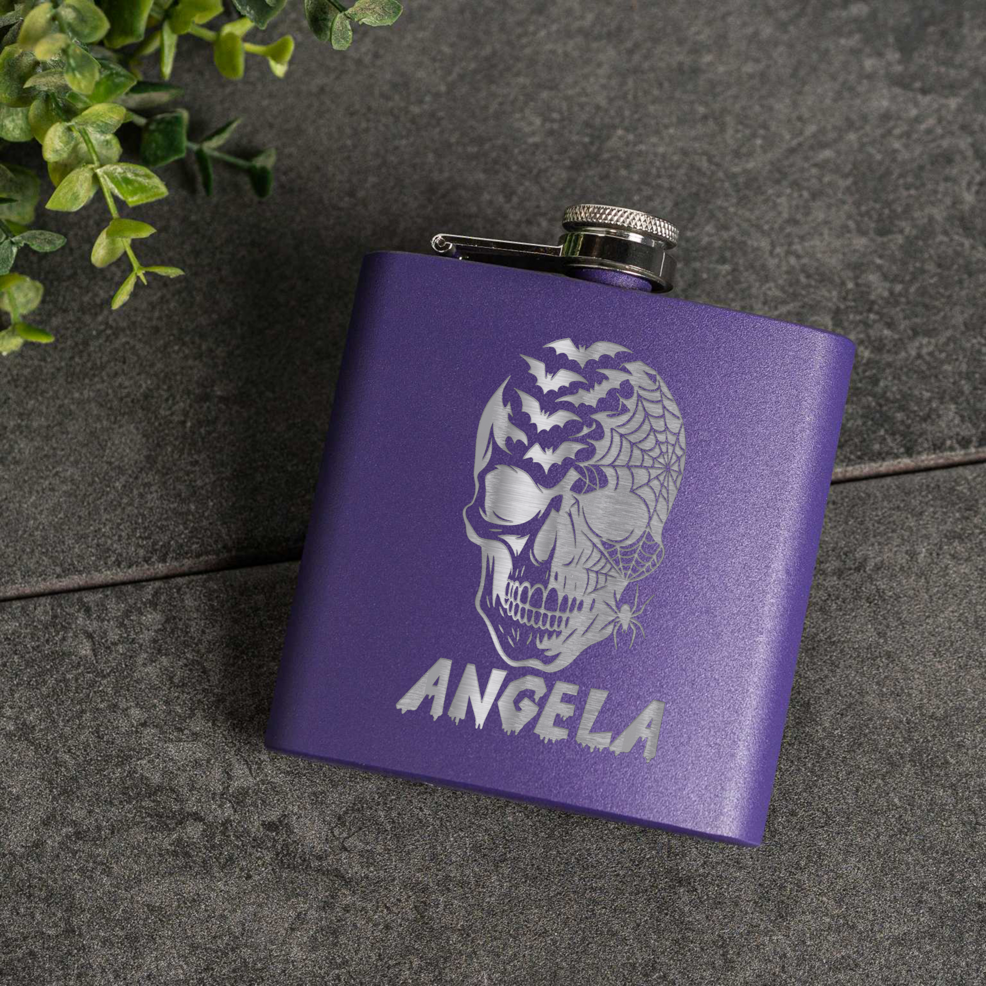 6oz Powder Coated Flask with Skull and Spider Design