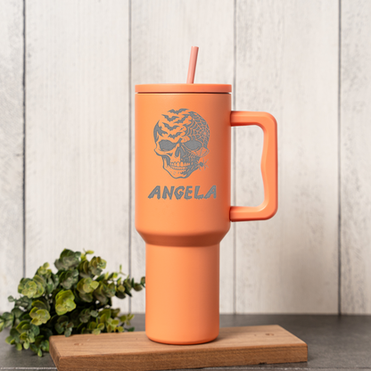 40oz Personalized Tumbler, Halloween Skull Design, Stainless Steel, Custom Name