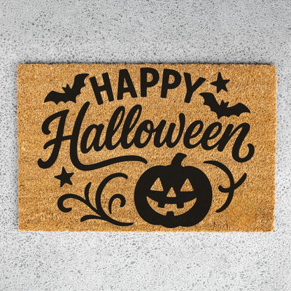 Happy Halloween Doormat | Halloween Welcome Mat | Pumpkin Front Door Decor | Spooky Fall Porch Decoration | Seasonal Entryway Rug