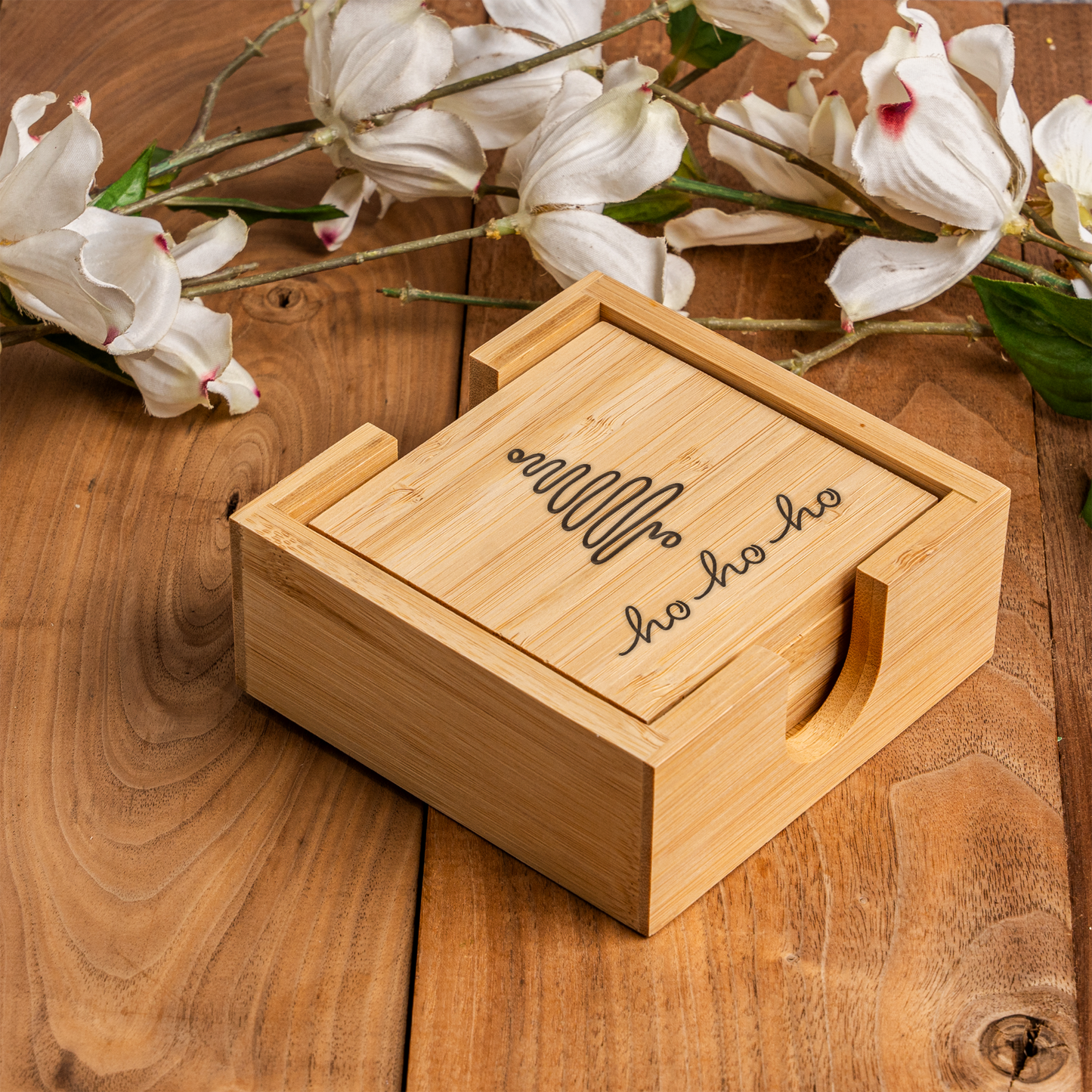 Christmas Tree Bamboo Coaster Set With Holder