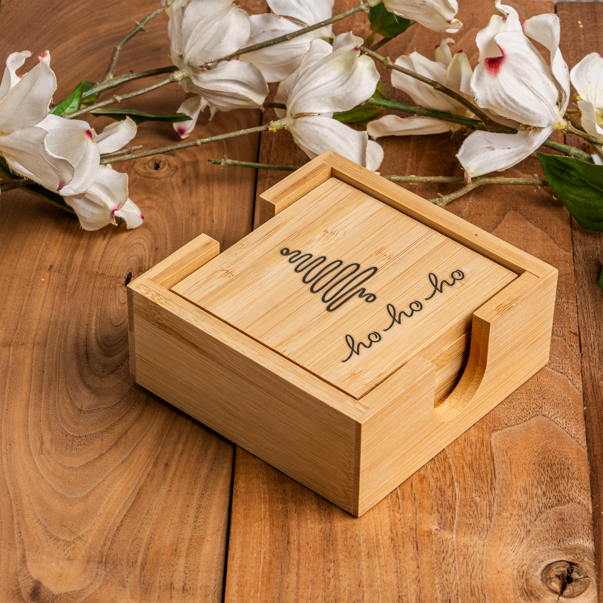 Christmas Tree Bamboo Coaster Set With Holder