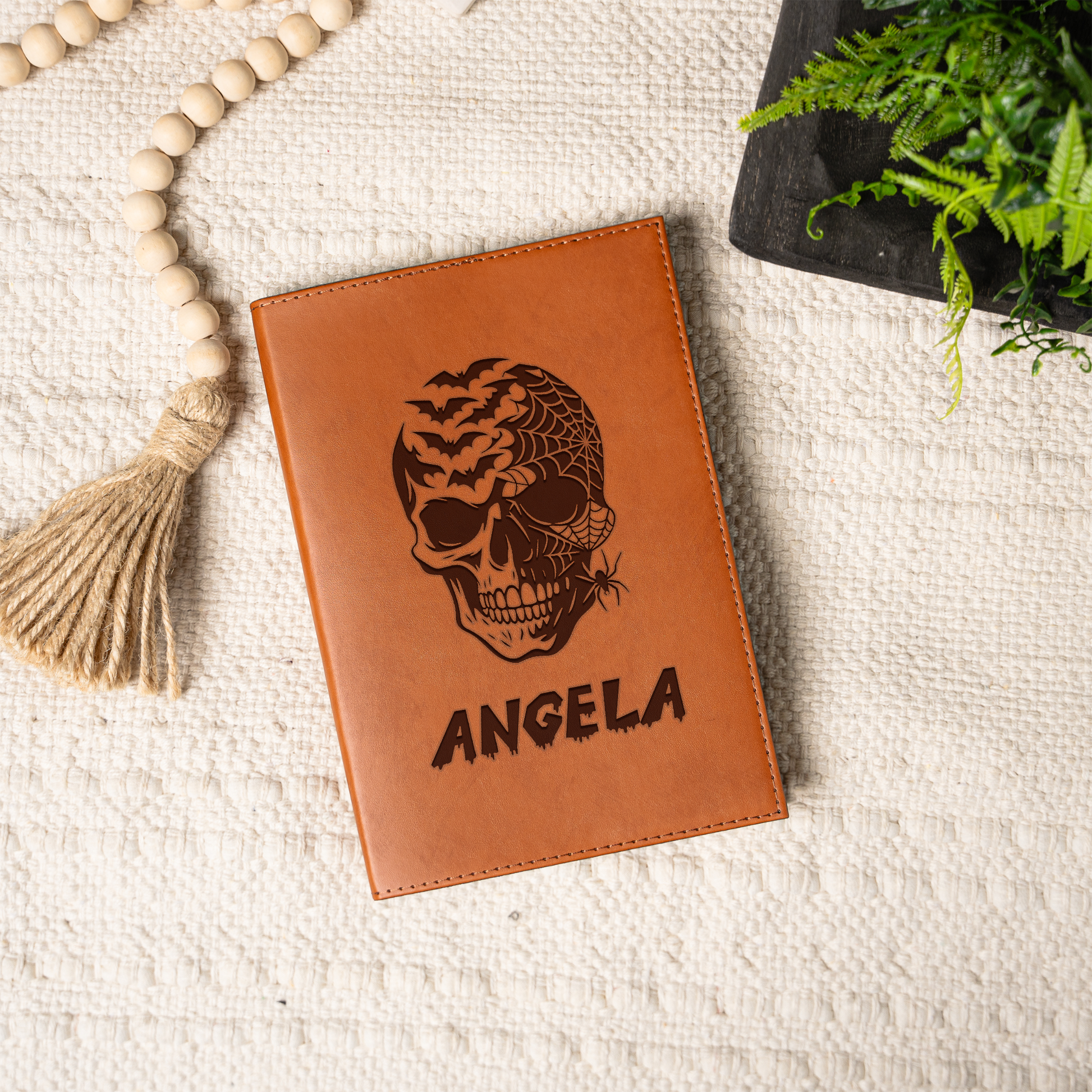 Personalized Leather Journal with Skull Design, Custom Name Notebook, Gothic Gift