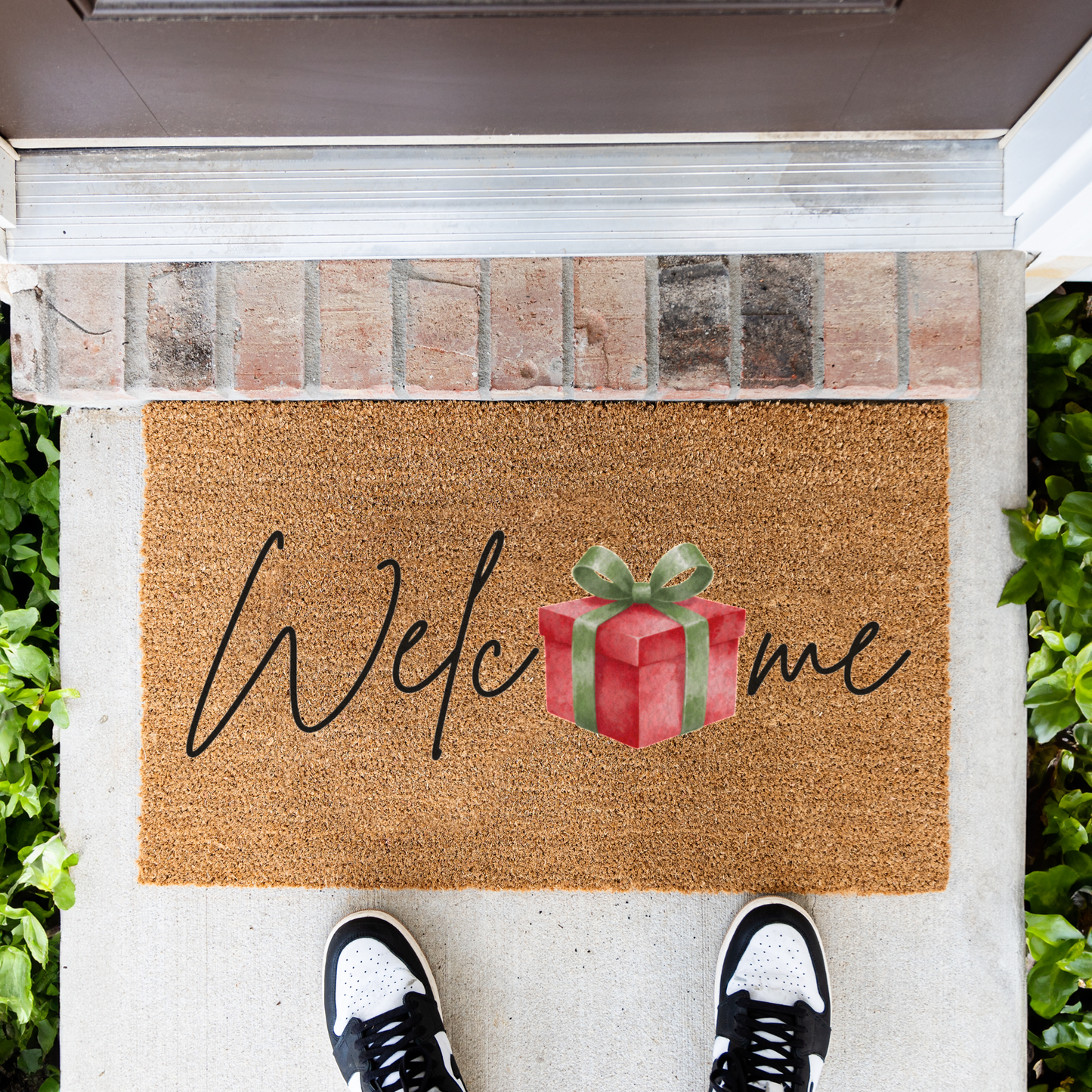 Christmas Doormat, Welcome Mat with Red Gift Design, Holiday Home Decor, Indoor Outdoor Use