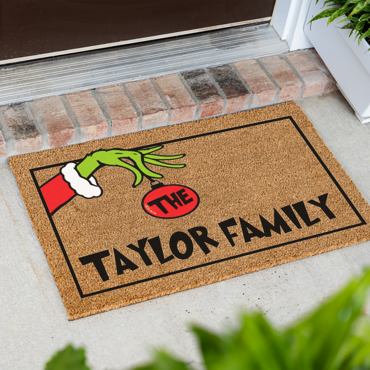 Personalized Grinch Christmas Doormat, Custom Family Name Holiday Welcome Mat, Funny Christmas Door Mat, Grinch Hand Ornament Porch Decor