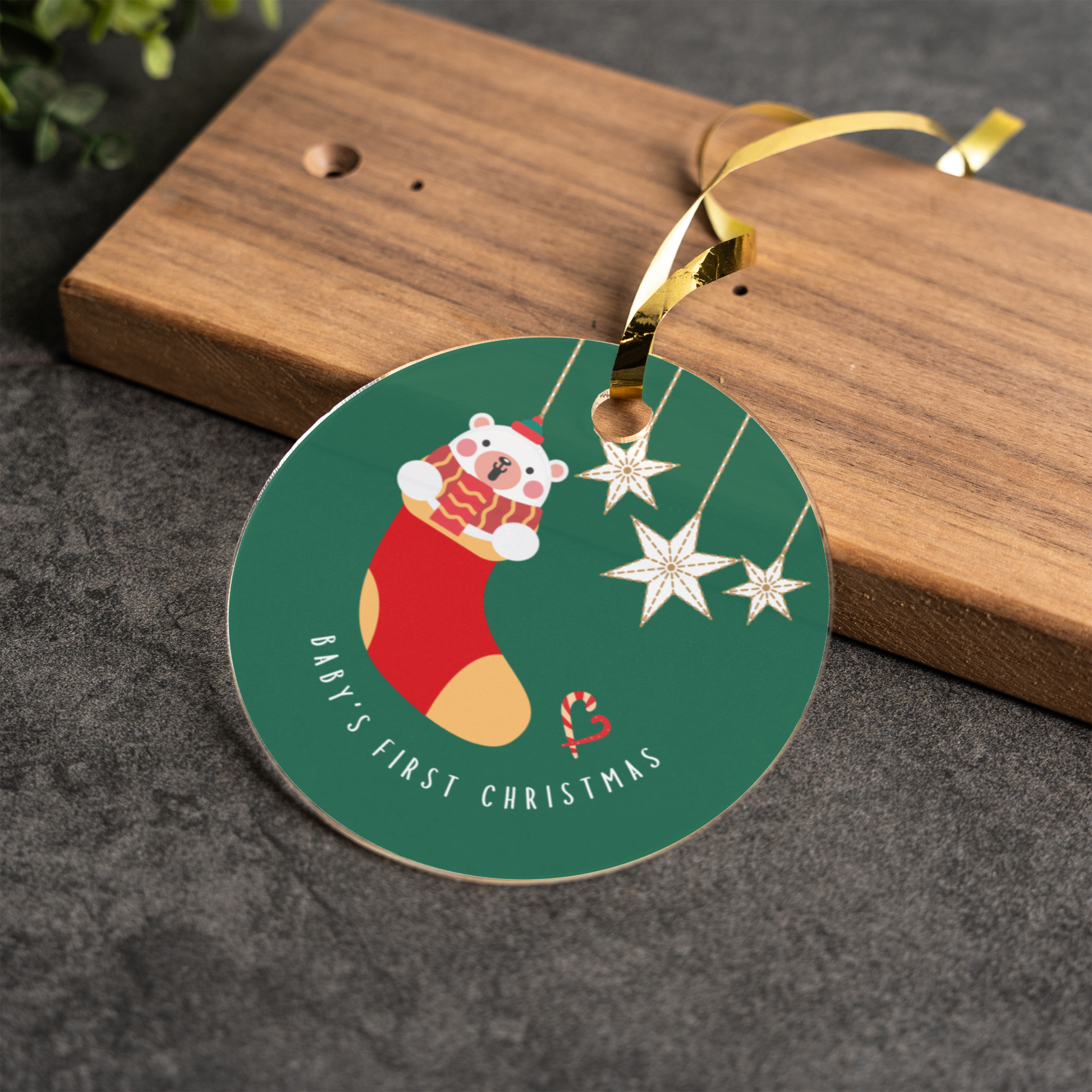 Baby's First Christmas Acrylic Ornament, Cute Bear Stocking Design, Holiday Keepsake