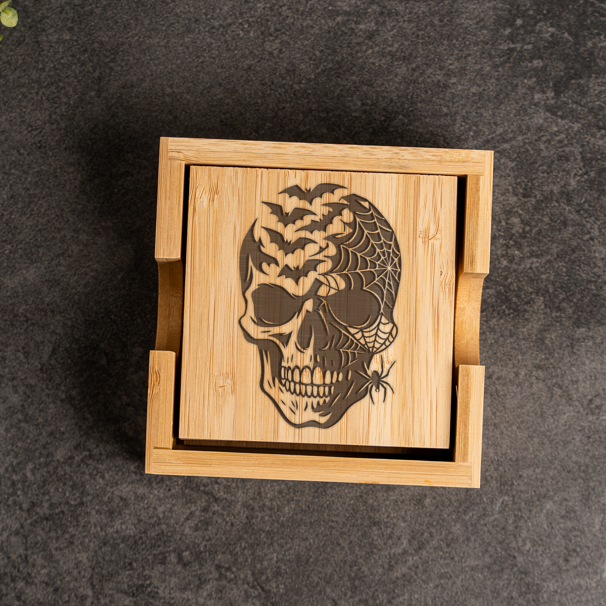 Bamboo Coaster Set With Holder - Skull and Spider Design