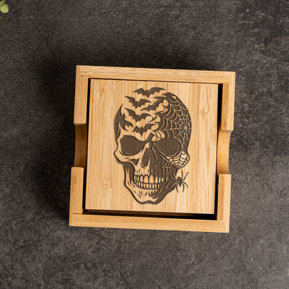 Bamboo Coaster Set With Holder - Skull and Spider Design