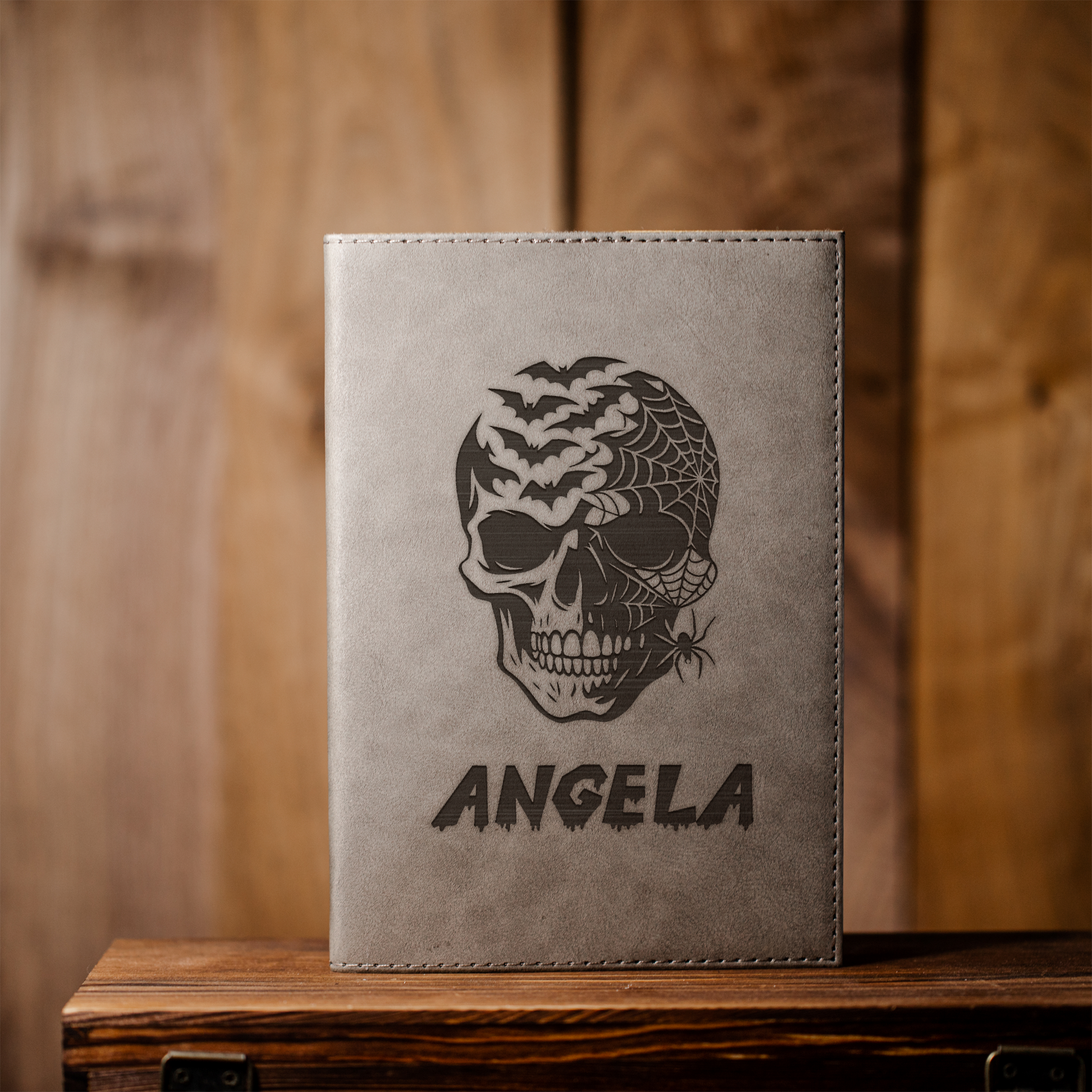 Personalized Leather Journal with Skull Design, Custom Name Notebook, Gothic Gift