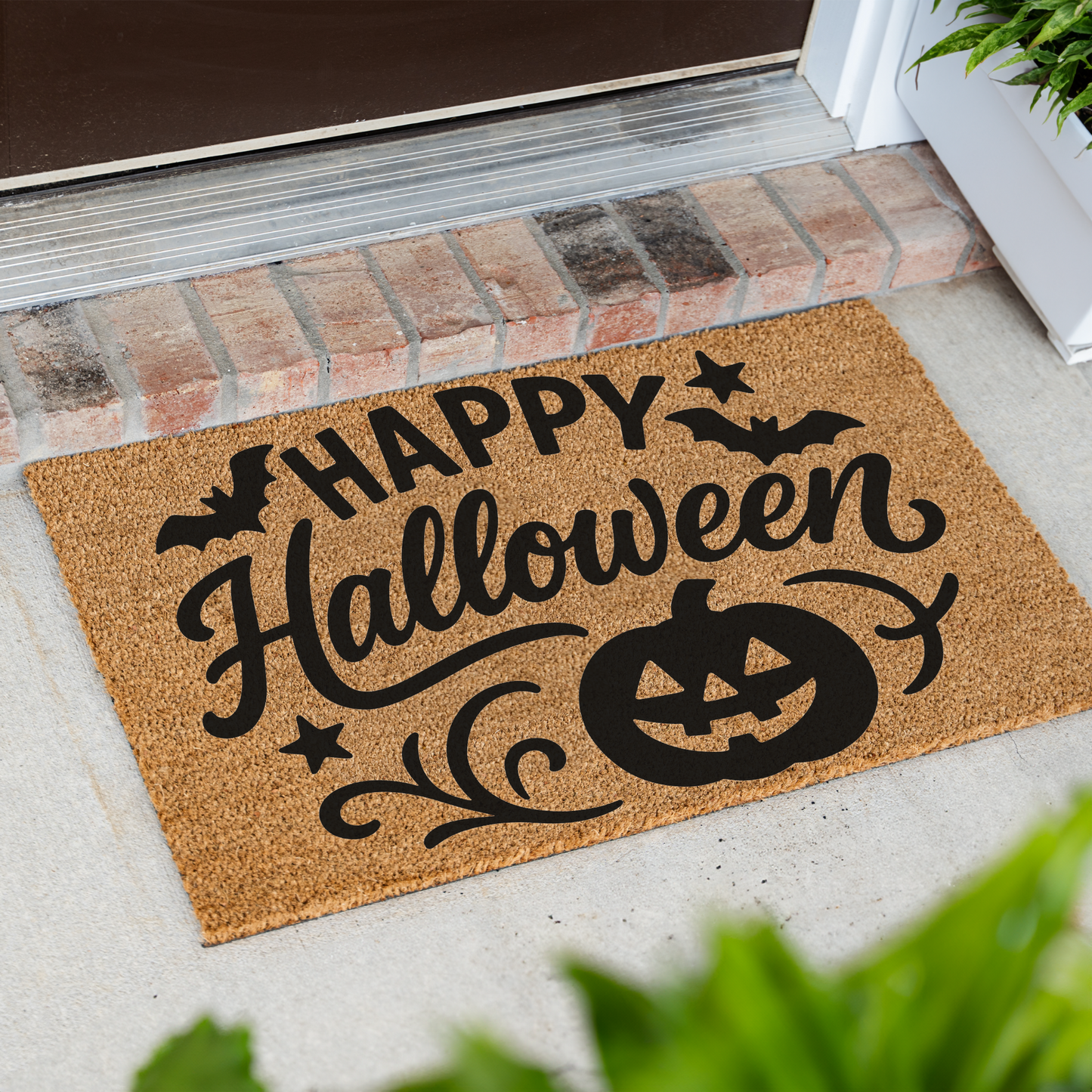 Happy Halloween Doormat | Halloween Welcome Mat | Pumpkin Front Door Decor | Spooky Fall Porch Decoration | Seasonal Entryway Rug