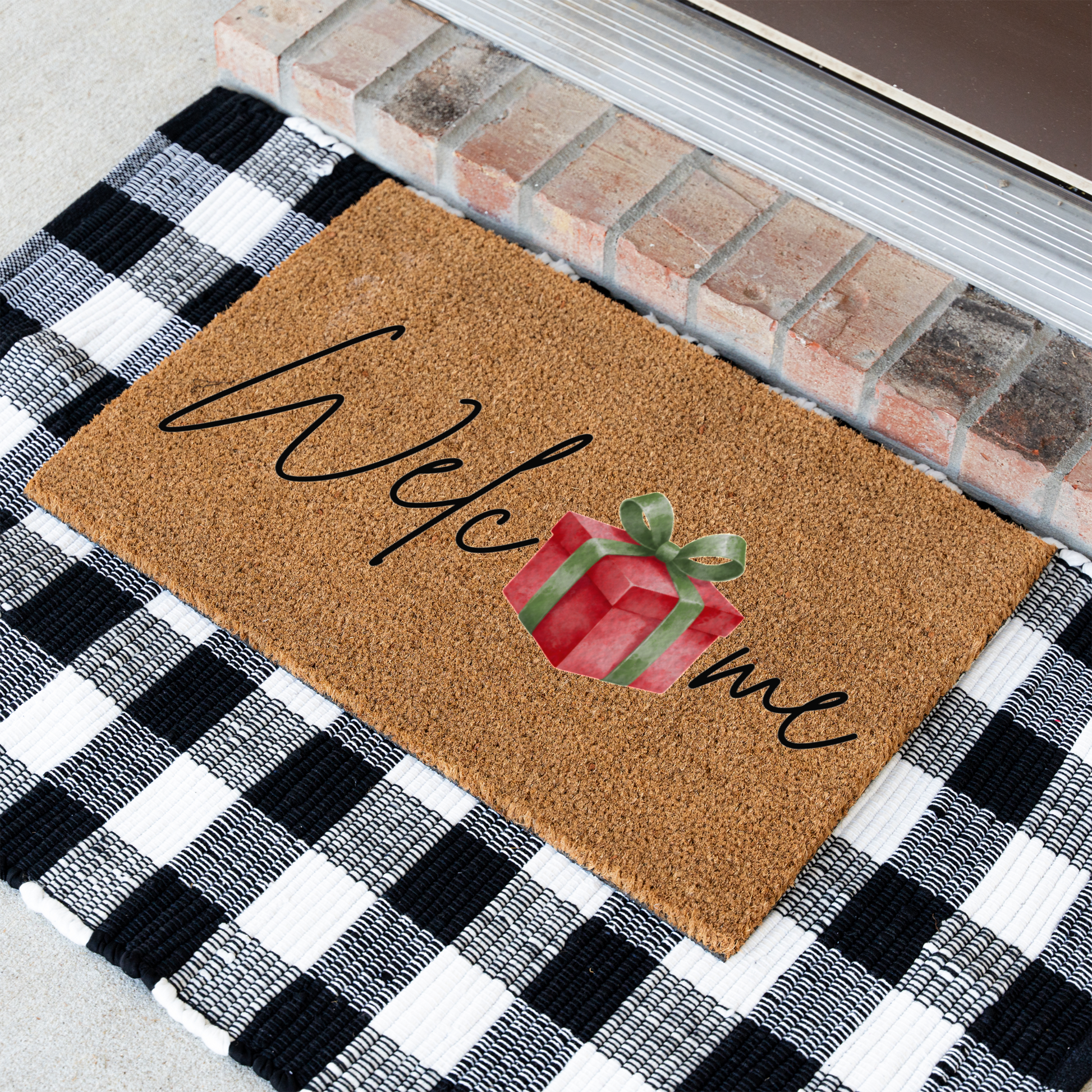 Christmas Doormat, Welcome Mat with Red Gift Design, Holiday Home Decor, Indoor Outdoor Use