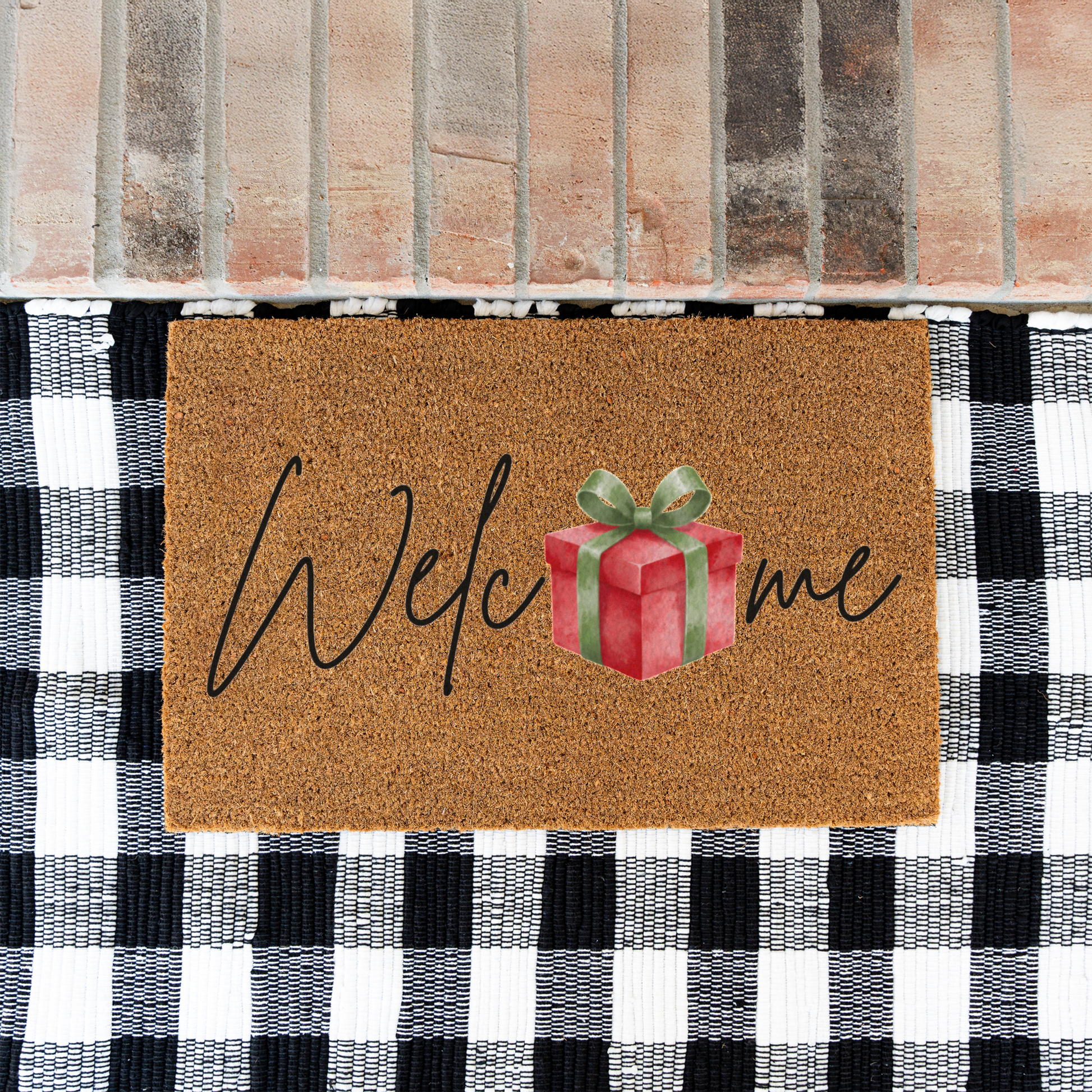 Christmas Doormat, Welcome Mat with Red Gift Design, Holiday Home Decor, Indoor Outdoor Use