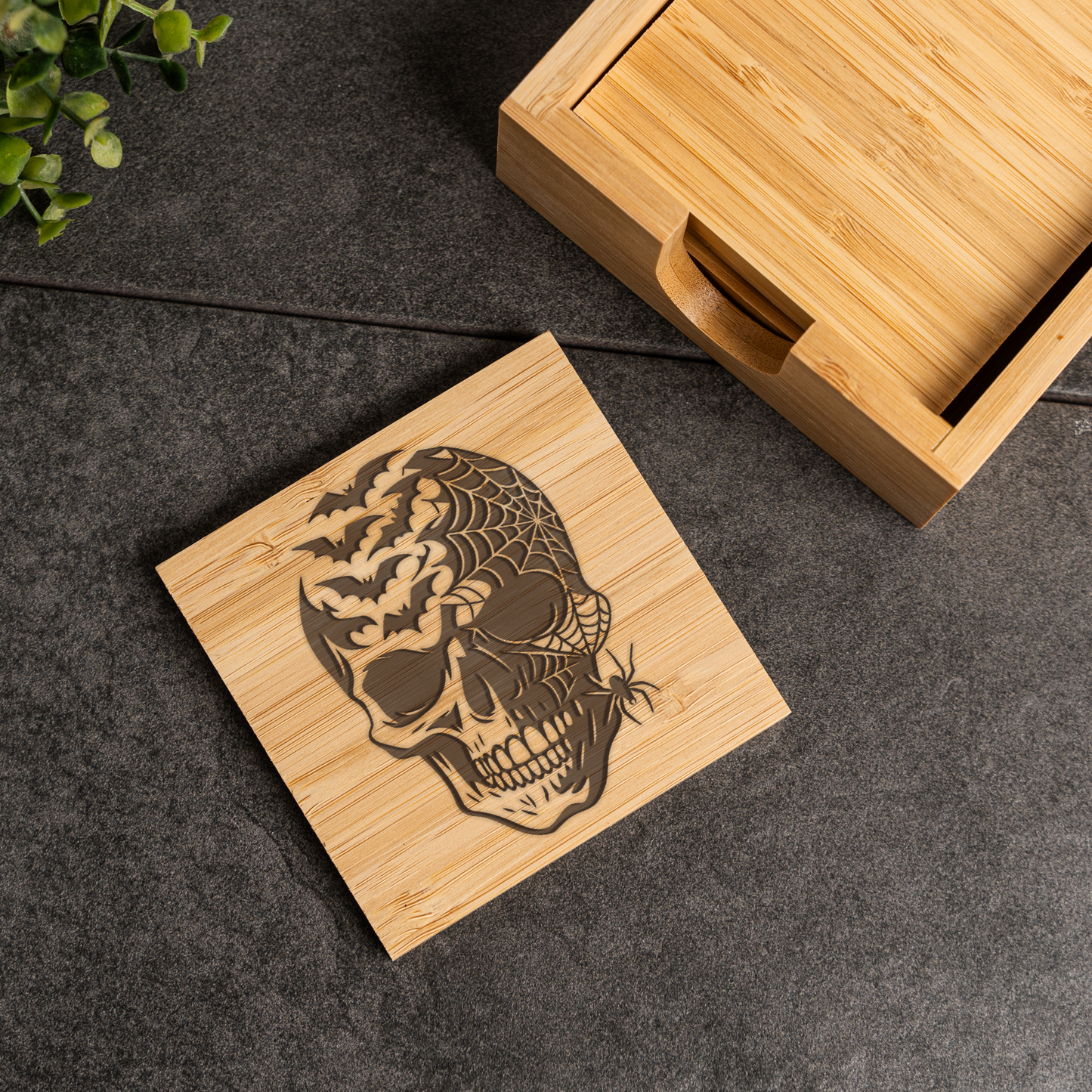 Bamboo Coaster Set With Holder - Skull and Spider Design