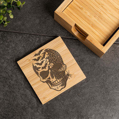 Bamboo Coaster Set With Holder - Skull and Spider Design