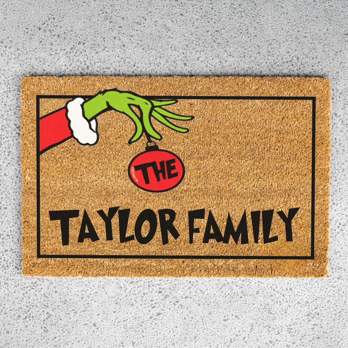 Personalized Grinch Christmas Doormat, Custom Family Name Holiday Welcome Mat, Funny Christmas Door Mat, Grinch Hand Ornament Porch Decor