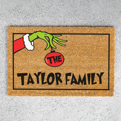 Personalized Grinch Christmas Doormat, Custom Family Name Holiday Welcome Mat, Funny Christmas Door Mat, Grinch Hand Ornament Porch Decor