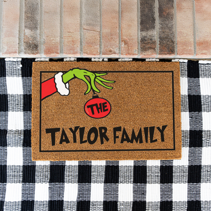 Personalized Grinch Christmas Doormat, Custom Family Name Holiday Welcome Mat, Funny Christmas Door Mat, Grinch Hand Ornament Porch Decor
