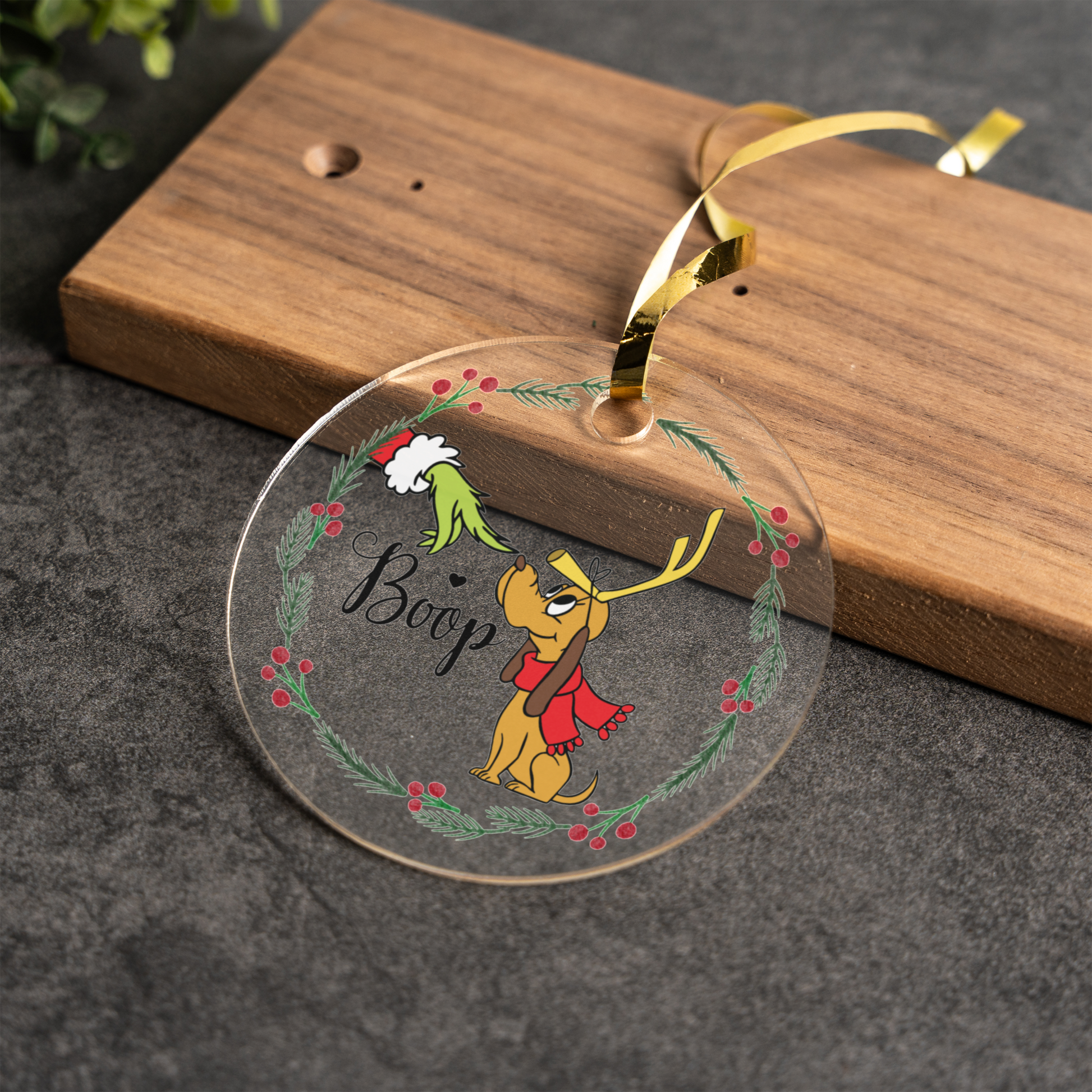 Festive Acrylic Christmas Ornament with Cute Dog Design, Holiday Decor, Christmas Gift for Pet Lovers