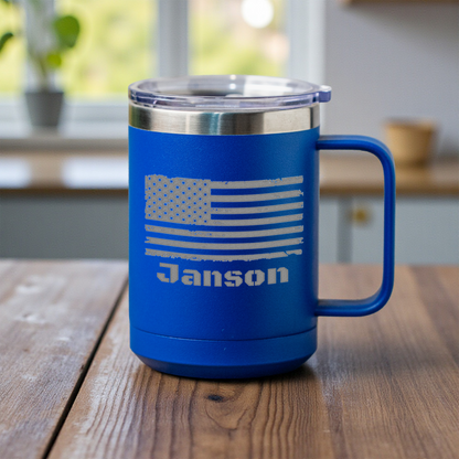 Personalized 15oz Stainless Steel Mug with American Flag Design