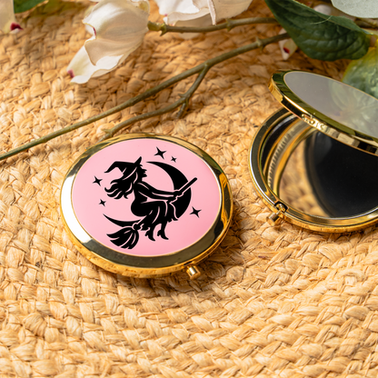 Pink Witch Compact Mirror | Cute Halloween Pocket Mirror | Witch Makeup Mirror | Spooky Cosmetic Mirror | Halloween Gift for Women