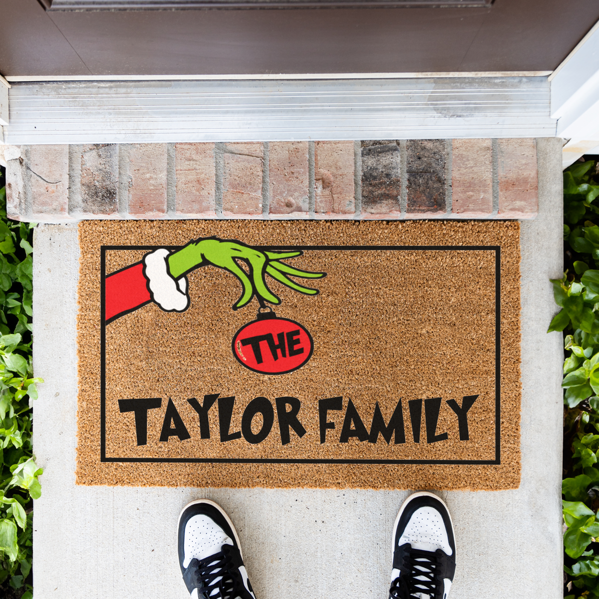 Personalized Grinch Christmas Doormat, Custom Family Name Holiday Welcome Mat, Funny Christmas Door Mat, Grinch Hand Ornament Porch Decor
