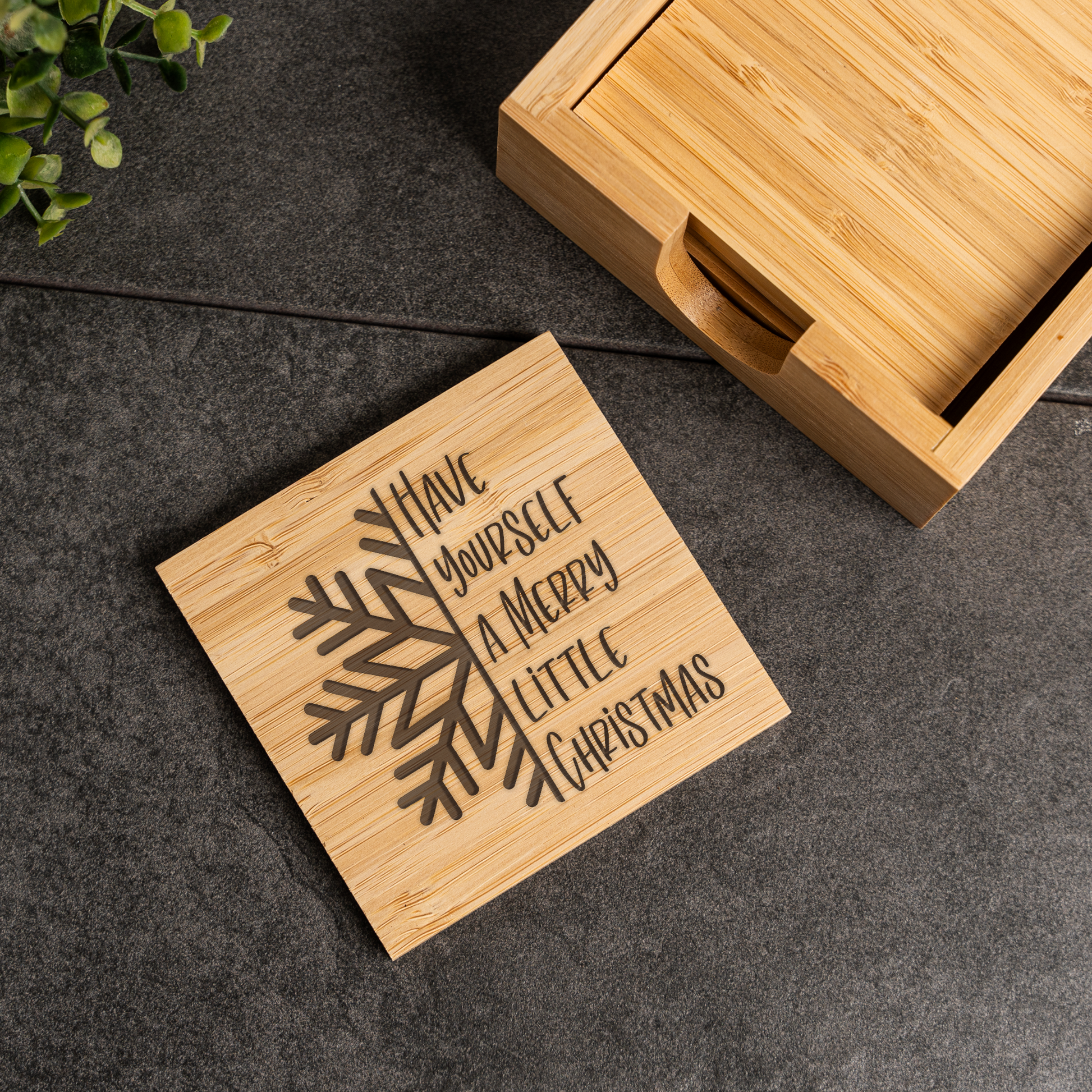 'Have Yourself a Merry Little Christmas' Bamboo Coaster Set With Holder